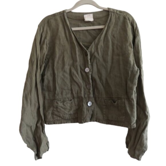 VINTAGE TOM TOM USA 100% Linen Cropped Blazer Jacket Khaki Green Lagenlook S - Picture 1 of 15